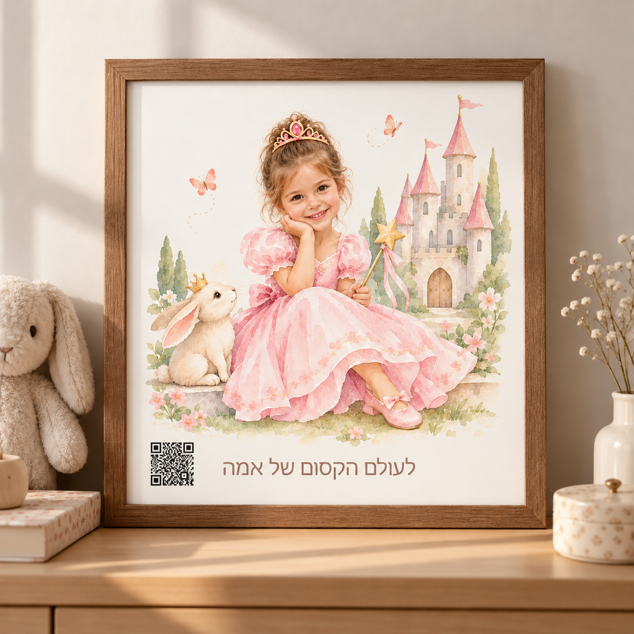 מתנת Small World: האיור הממוסגר במסגרת עץ, עם השם וקוד QR בתחתית, עומד על שידה בחדר ילדים.